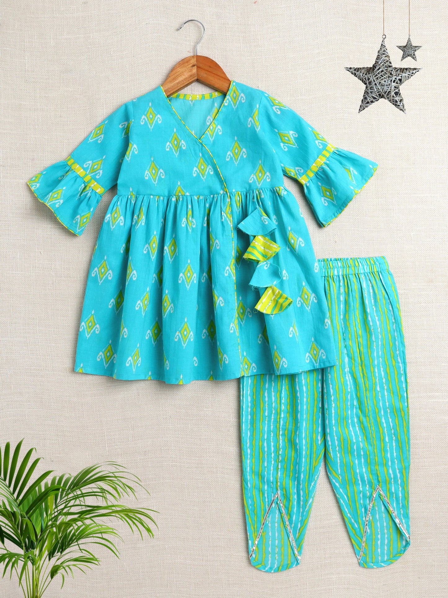 Cotton Woven Ikat Printed Full Sleeves Gather Kurta & Stripes Printed Pant Set- Blue