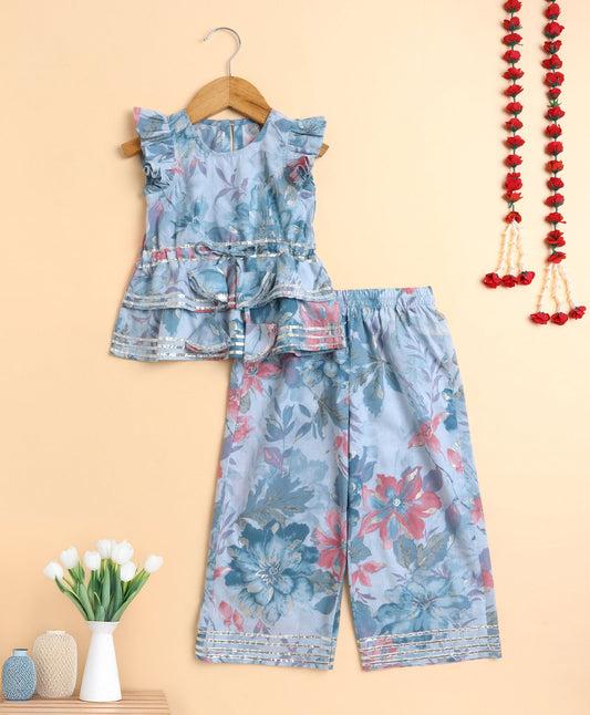 The Magic Wand Cotton Woven Frill Sleeves Floral Printed Top and Bottom Co ordinating Set- Blue
