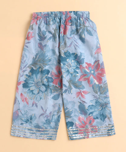 The Magic Wand Cotton Woven Frill Sleeves Floral Printed Top and Bottom Co ordinating Set- Blue