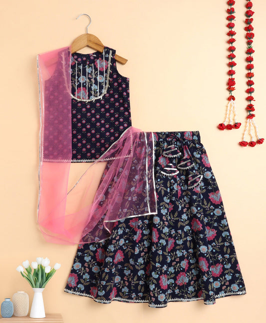 The Magic Wand Cotton Floral Printed Sleeveless Lace Embellished Kurti and Lehenga with Dupatta - Navy Blue
