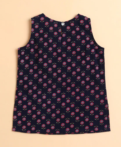 The Magic Wand Cotton Floral Printed Sleeveless Lace Embellished Kurti and Lehenga with Dupatta - Navy Blue