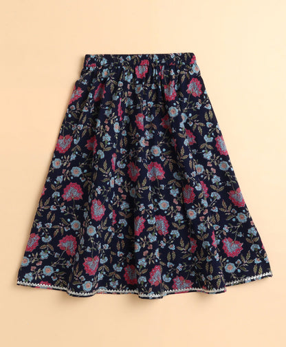 The Magic Wand Cotton Floral Printed Sleeveless Lace Embellished Kurti and Lehenga with Dupatta - Navy Blue