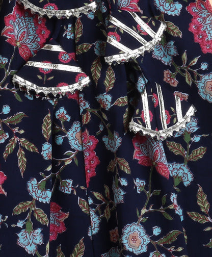 The Magic Wand Cotton Floral Printed Sleeveless Lace Embellished Kurti and Lehenga with Dupatta - Navy Blue