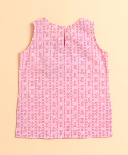 The Magic Wand Cotton Woven Floral Printed Sleeveless Lace Embellished Kurti and Lehenga with Dupatta - Pink