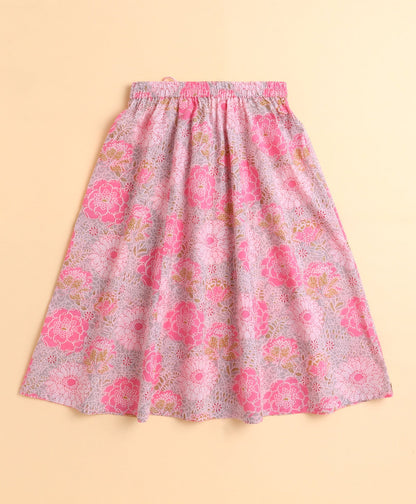 The Magic Wand Cotton Woven Floral Printed Sleeveless Lace Embellished Kurti and Lehenga with Dupatta - Pink