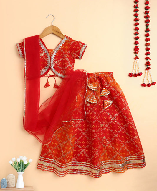 The Magic Wand Woven Half Sleeves Foil Printed & Lace Embellished Lehenga Choli With Dupatta Set - Red