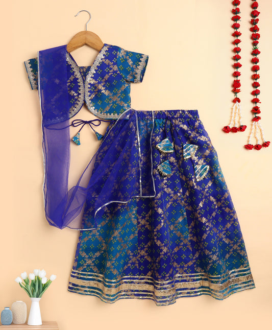 Woven Half Sleeves Foil Printed & Lace Embellished Lehenga Choli With Dupatta Set  Blue