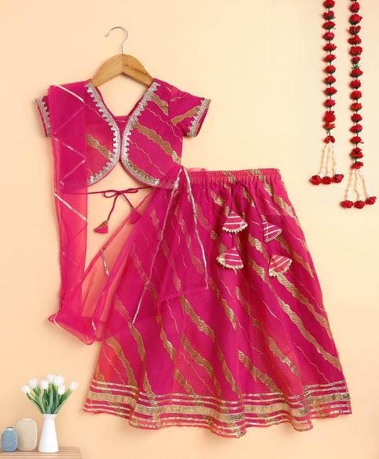 The Magic Wand Woven Half Sleeves Foil Printed & Lace Embellished Lehenga Choli With Dupatta Set  Fuchsia