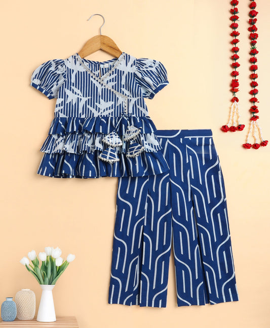 The Magic Wand Cotton Woven Abstract Printed Puff Sleeves Top and Bottom Coordinating Set - Navy Blue