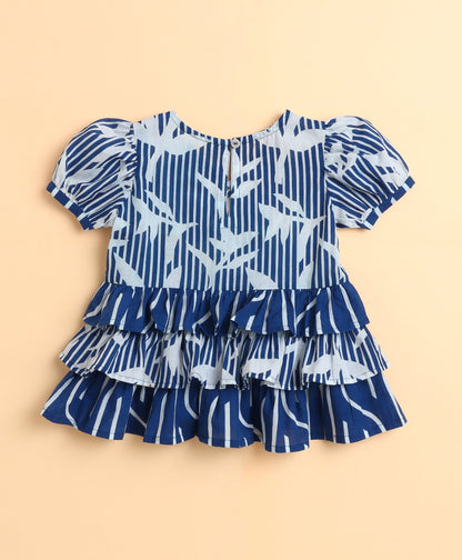 The Magic Wand Cotton Woven Abstract Printed Puff Sleeves Top and Bottom Coordinating Set - Navy Blue