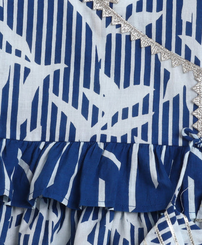 The Magic Wand Cotton Woven Abstract Printed Puff Sleeves Top and Bottom Coordinating Set - Navy Blue