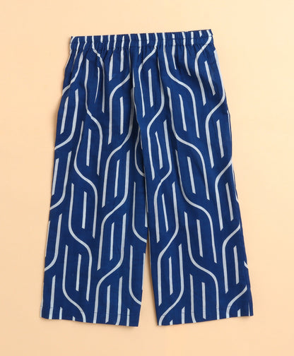 The Magic Wand Cotton Woven Abstract Printed Puff Sleeves Top and Bottom Coordinating Set - Navy Blue