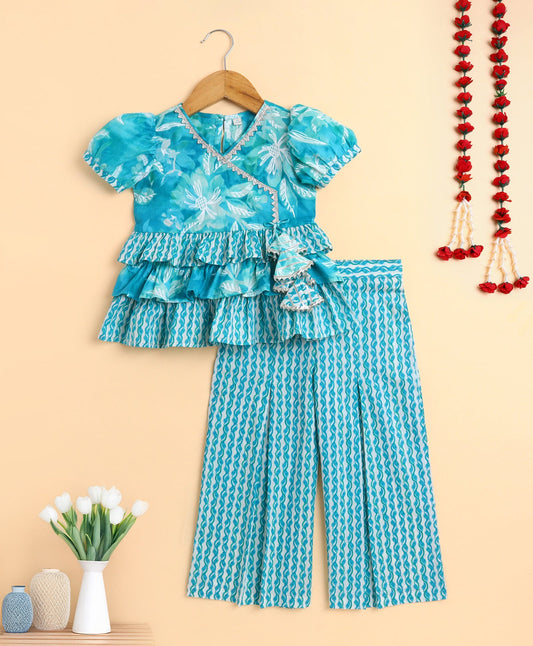 The Magic Wand Cotton Woven Abstract Printed Puff Sleeves Top and Bottom Coordinating Set - Teal Blue
