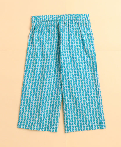 The Magic Wand Cotton Woven Abstract Printed Puff Sleeves Top and Bottom Coordinating Set - Teal Blue