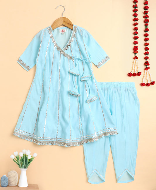 The Magic Wand Woven Solid Printed Three Fourth Sleeves Lace Embellished Kurti and Salwar Set- Blue