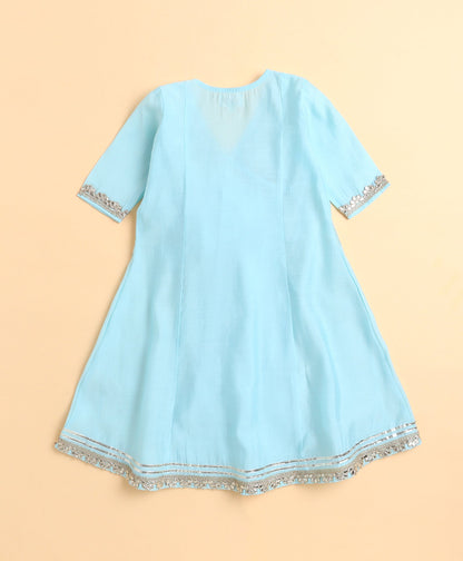 The Magic Wand Woven Solid Printed Three Fourth Sleeves Lace Embellished Kurti and Salwar Set- Blue