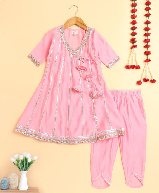 The Magic Wand Woven Solid Printed Three Fourth Sleeves Lace Embellished Kurti and Salwar Set- Pink