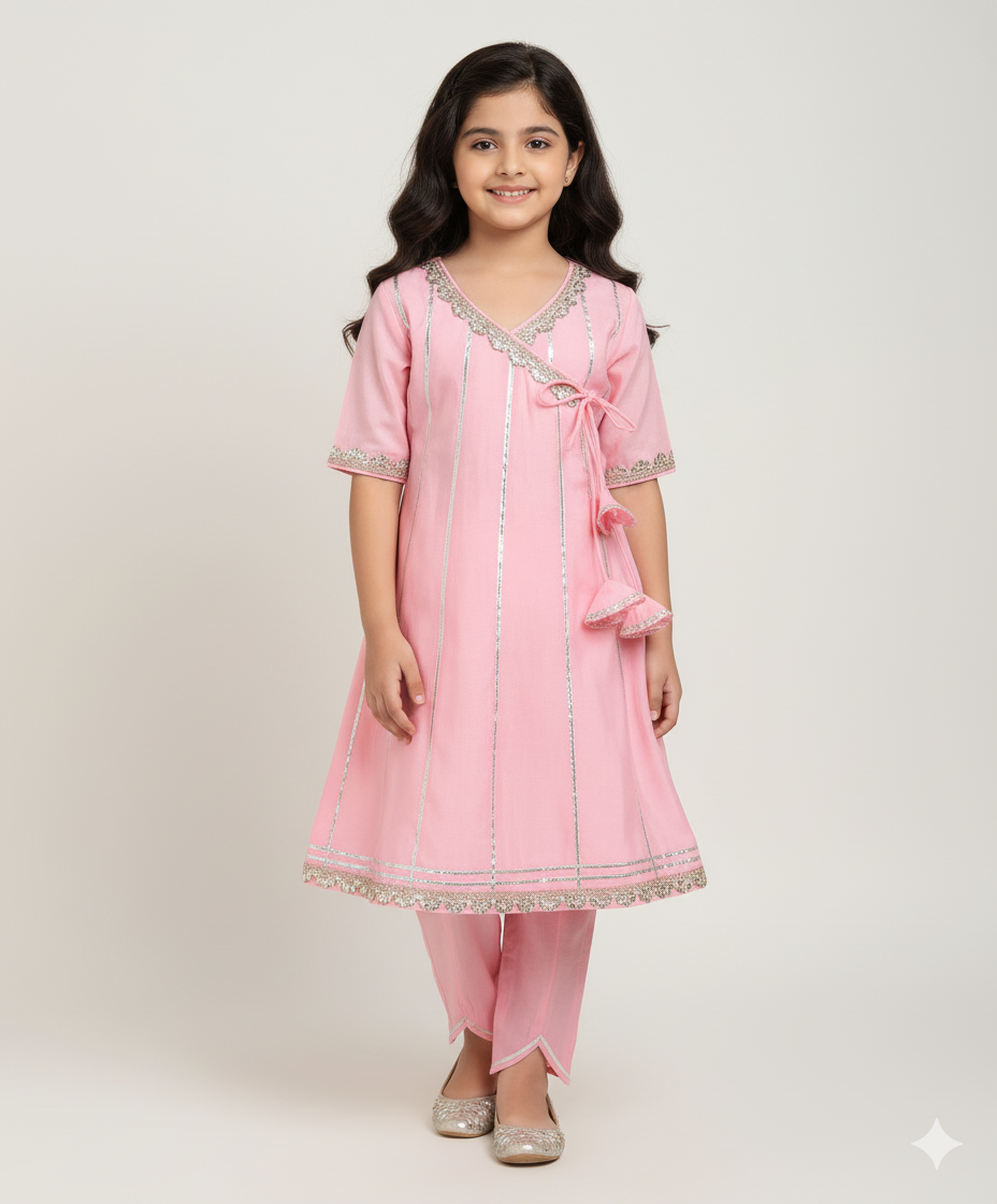 3/4 th Sleeves Solid Printed  Lace Embellished Kurti and Salwar Set- Pink