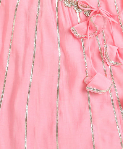 The Magic Wand Woven Solid Printed Three Fourth Sleeves Lace Embellished Kurti and Salwar Set- Pink