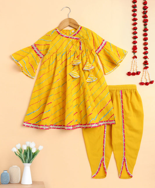 The Magic Wand Cotton Woven Frill Sleeves Leheriya Printed Kurta and Salwar Set- Yellow