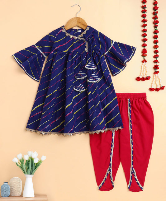 The Magic Wand Cotton Woven Frill Sleeves Leheriya Printed Kurta and Salwar Set- Blue