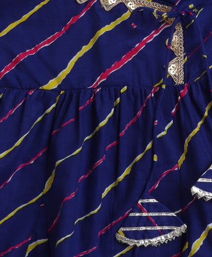 The Magic Wand Cotton Woven Frill Sleeves Leheriya Printed Kurta and Salwar Set- Blue