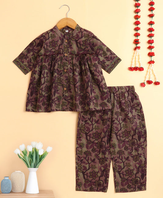 The Magic Wand Cotton Woven Three Fourth Sleeves Floral Printed Top and Bottom co ordinating Set- Wine