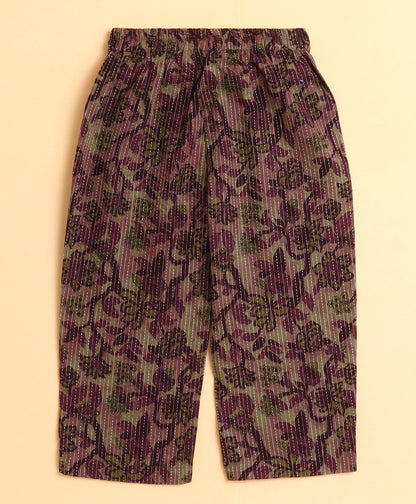 The Magic Wand Cotton Woven Three Fourth Sleeves Floral Printed Top and Bottom co ordinating Set- Wine