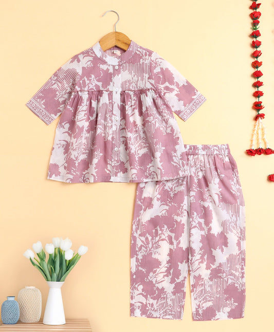 The Magic Wand Cotton Woven Three Fourth Sleeves Floral Printed Top and Bottom co ordinating Set- Onion Pink