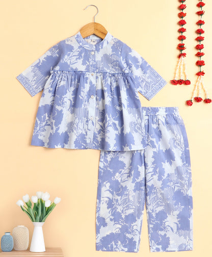 The Magic Wand Cotton Woven Three Fourth Sleeves Floral Printed Top and Bottom co ordinating Set- Blue