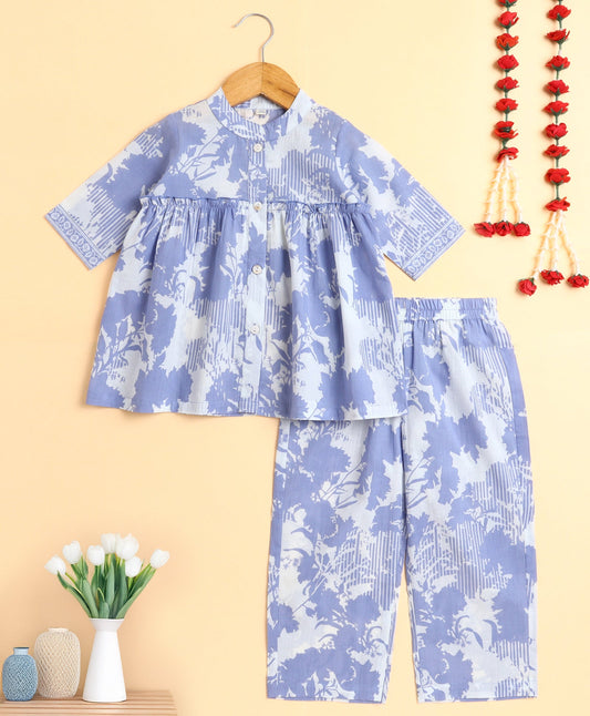 The Magic Wand Cotton Woven Three Fourth Sleeves Floral Printed Top and Bottom co ordinating Set- Blue