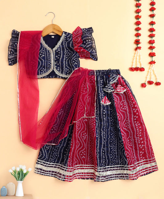 The Magic Wand Woven Frill Sleeves Bandhani Printed Embellished Lehenga and Choli Set - Blue