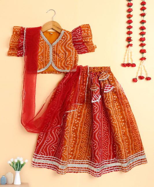 The Magic Wand Woven Frill Sleeves Bandhani Printed Embellished Lehenga and Choli Set - Orange