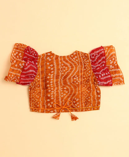 The Magic Wand Woven Frill Sleeves Bandhani Printed Embellished Lehenga and Choli Set - Orange