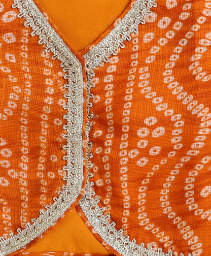 The Magic Wand Woven Frill Sleeves Bandhani Printed Embellished Lehenga and Choli Set - Orange