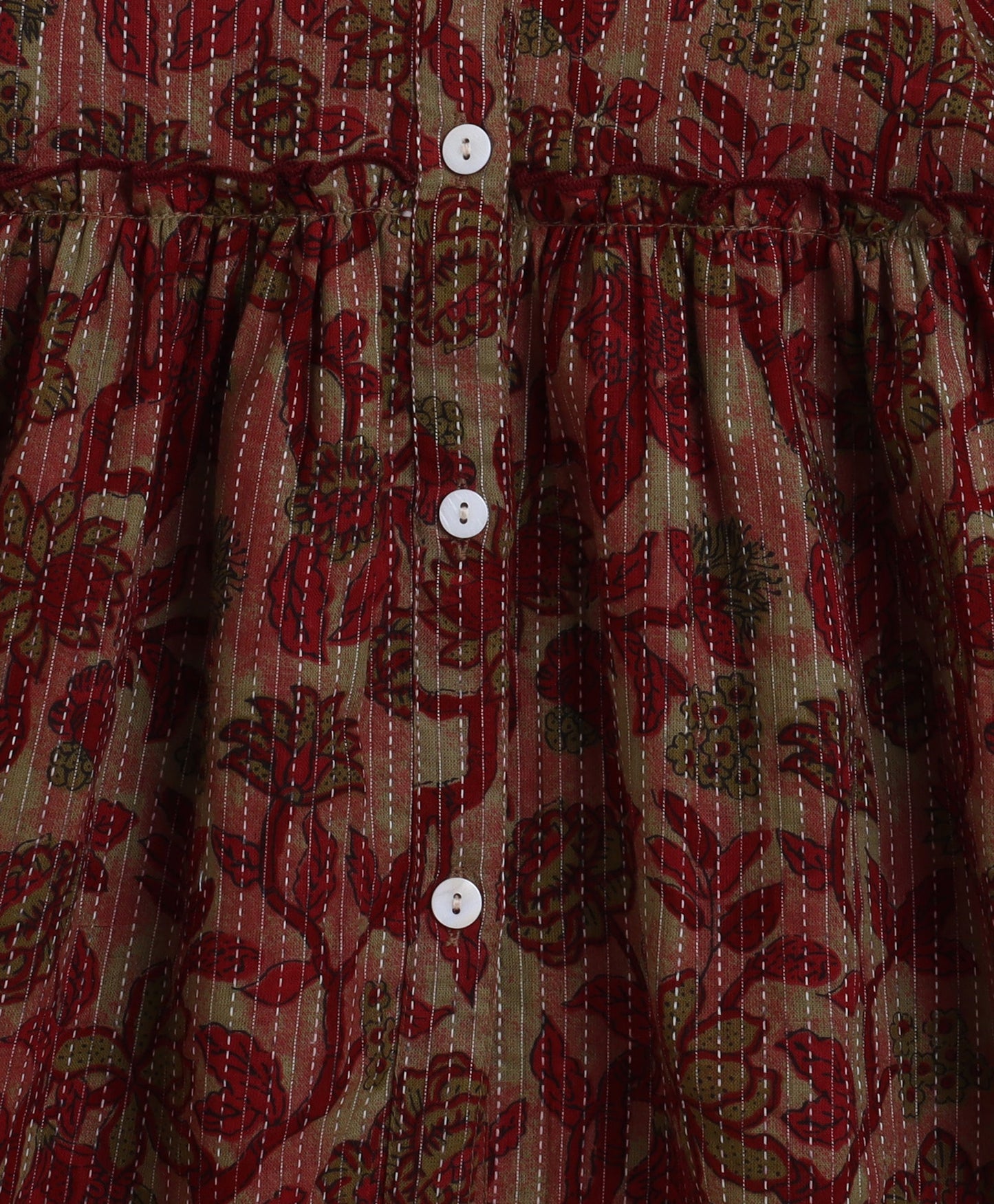 The Magic Wand Cotton woven Woven Kantha Work Printed Three Fourth Sleeves Gather Top and Bottom Set- Red