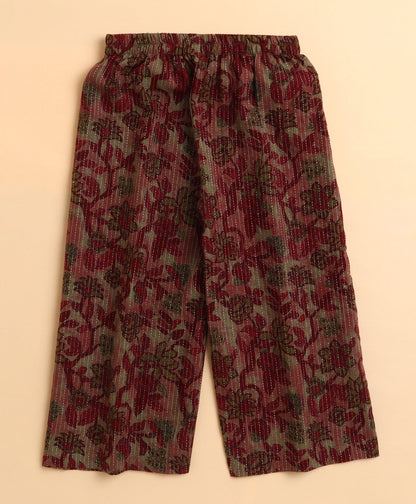 The Magic Wand Cotton woven Woven Kantha Work Printed Three Fourth Sleeves Gather Top and Bottom Set- Red
