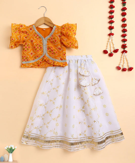 The Magic Wand Woven Kota Doriya Ruffle Sleeves Bandhani Printed Blouse and Foil Lehenga - Yellow