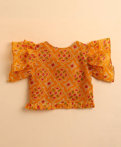 The Magic Wand Woven Kota Doriya Ruffle Sleeves Bandhani Printed Blouse and Foil Lehenga - Yellow