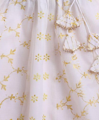 The Magic Wand Woven Kota Doriya Ruffle Sleeves Bandhani Printed Blouse and Foil Lehenga - Yellow