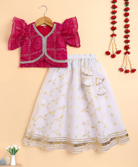 Woven Kota Doriya Ruffle Sleeves Bandhani Printed Blouse and Foil Lehenga  Fuschia