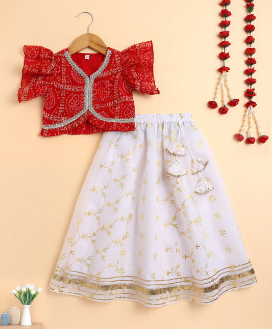 The Magic Wand Woven Kota Doriya Ruffle Sleeves Bandhani Printed Blouse and Foil Lehenga - Red