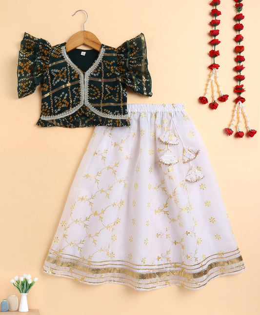 The Magic Wand Woven Kota Doriya Ruffle Sleeves Bandhani Printed Blouse and Foil Lehenga - Green