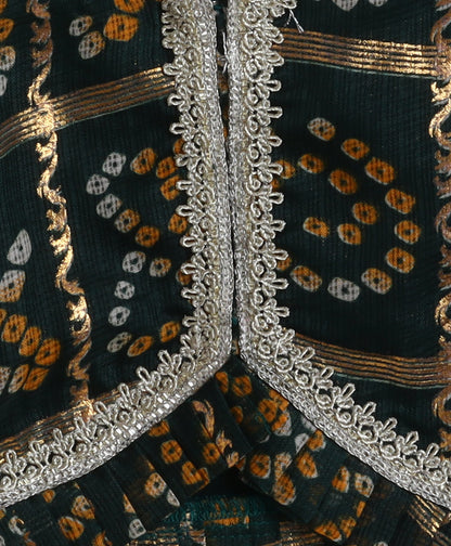 The Magic Wand Woven Kota Doriya Ruffle Sleeves Bandhani Printed Blouse and Foil Lehenga - Green