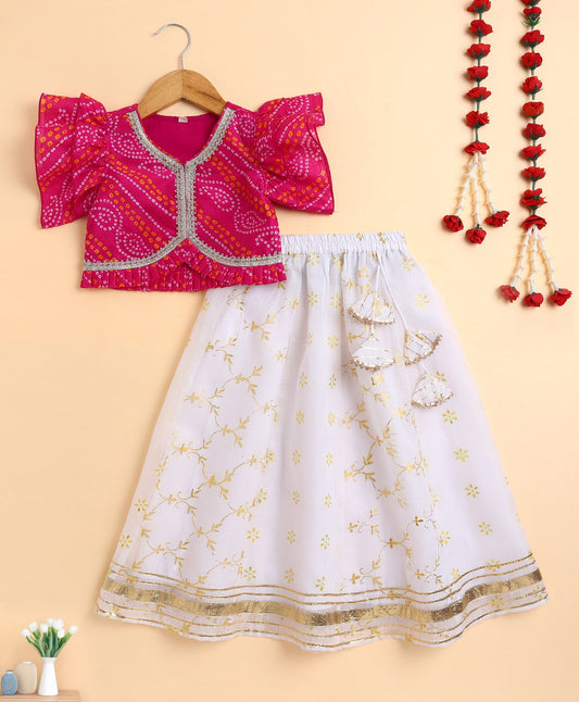 The Magic Wand Woven Kota Doriya Ruffle Sleeves Bandhani Printed Blouse and Foil Lehenga - Fuschia