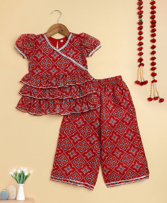 The Magic Wand Woven Puff Sleeves Bandhani Printed Ruffle Layered Top and Bottom Set- Red
