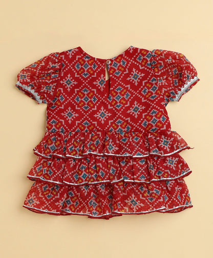 The Magic Wand Woven Puff Sleeves Bandhani Printed Ruffle Layered Top and Bottom Set- Red