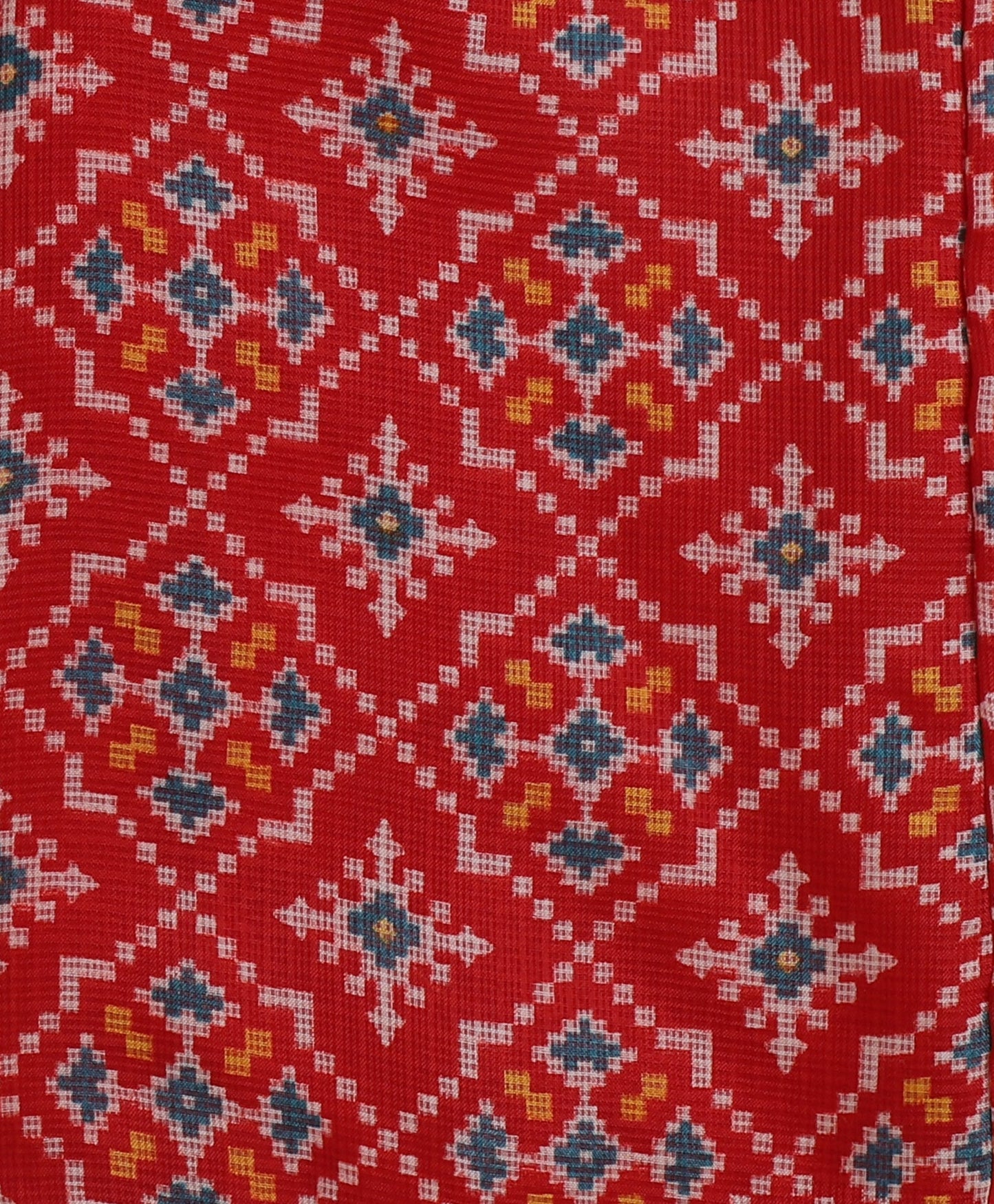 The Magic Wand Woven Puff Sleeves Bandhani Printed Ruffle Layered Top and Bottom Set- Red