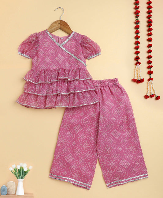 The Magic Wand Woven Puff Sleeves Bandhani Printed Ruffle Layered Top and Bottom Set- Pink