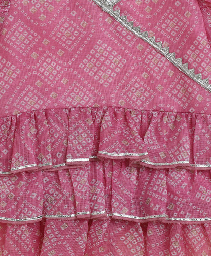 The Magic Wand Woven Puff Sleeves Bandhani Printed Ruffle Layered Top and Bottom Set- Pink